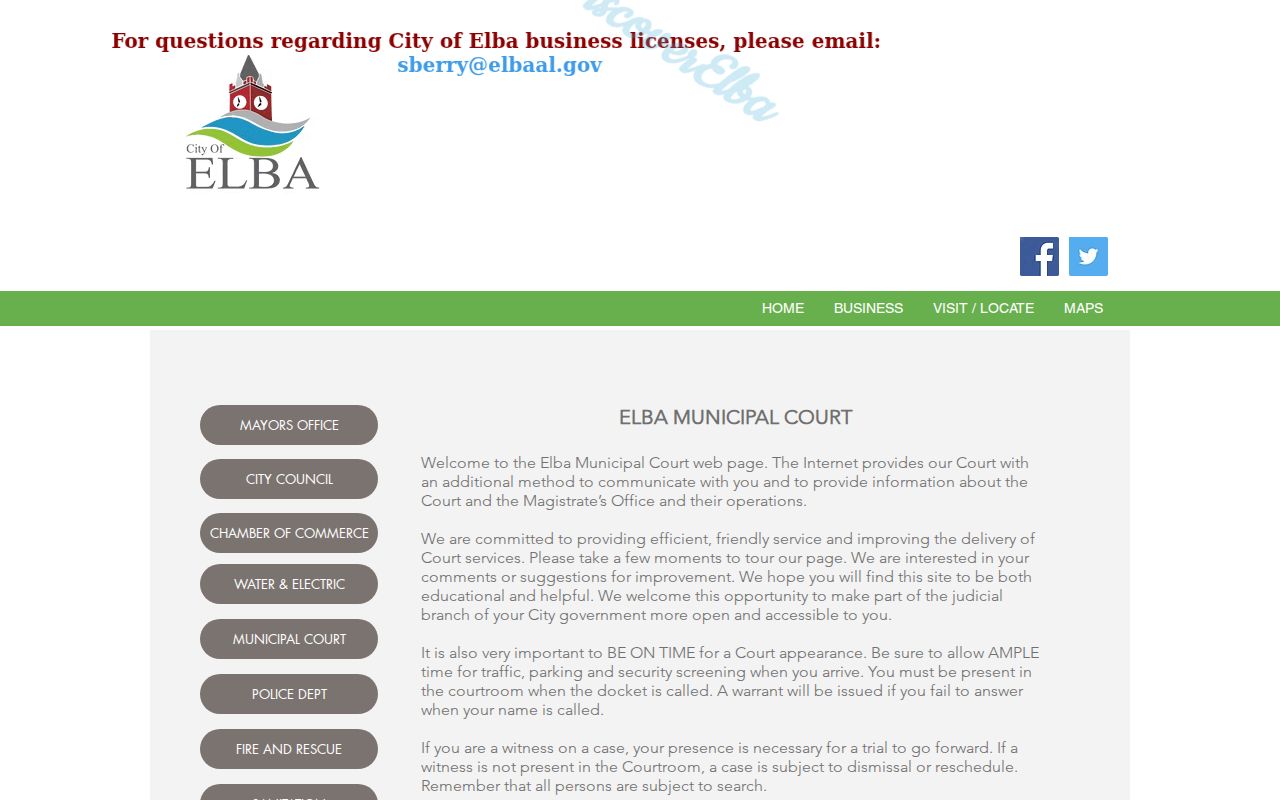 Elba warrant records municipal court failure-to-appear warning and second Tuesday schedule