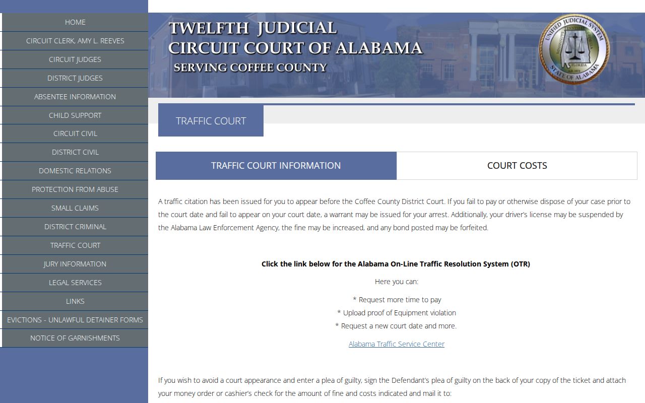 Coffee County traffic warrant court warning and clerk locations